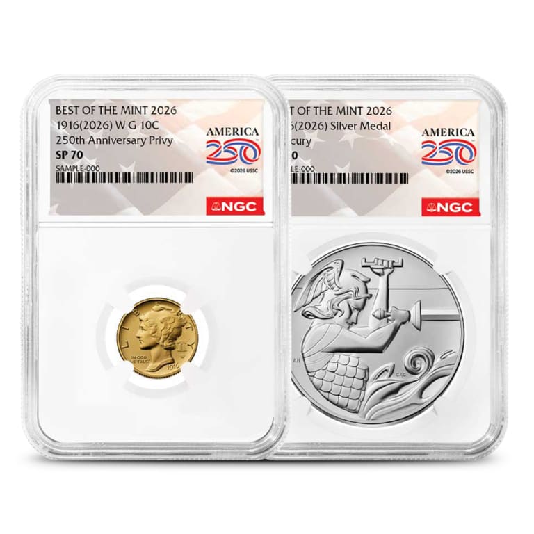 1916 Mercury Dime Gold Coin and Silver Medal Set NGC SP70 (America250 Label)